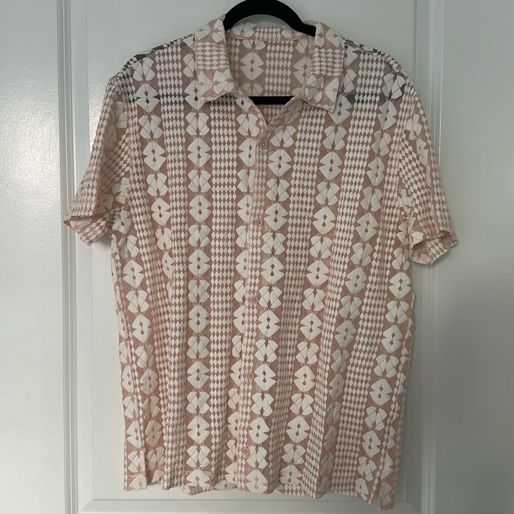 Men’s Pink Sheer Lace Collared Button Down Shirt
